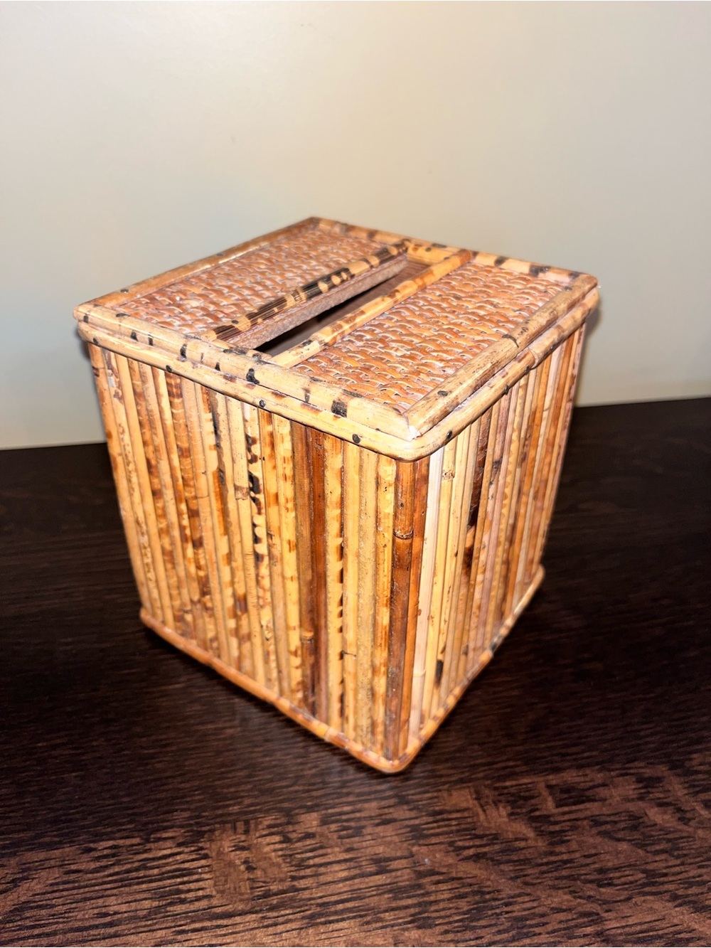 Vintage MCM Rattan Pencil Bamboo Tissue Box Cover Boho